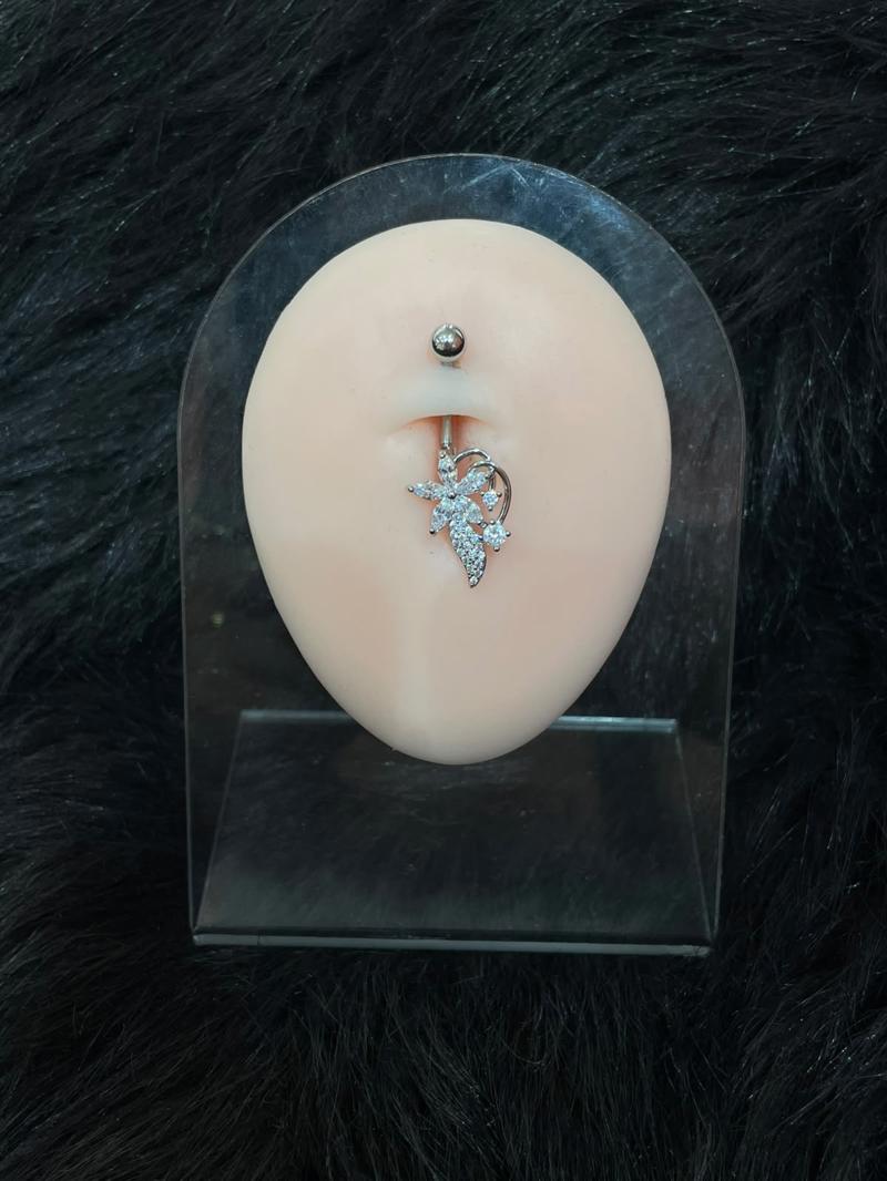 Hatice Ünlü Taşlı Yaprak Çiçek Desen Silver Göbek Piercing